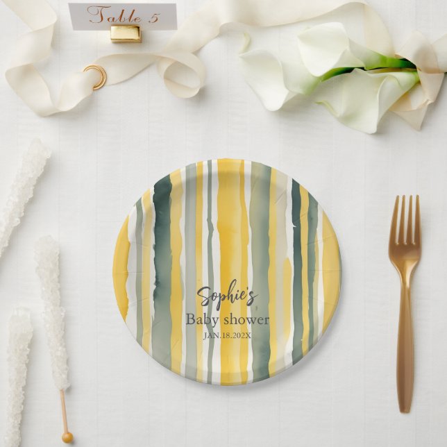 Assiettes En Carton Personalized Yellow Stripe Baby Shower (Mariage)