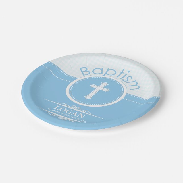 Assiettes En Carton Personnalisable, Enfant Garçon Bleu de Dieu Baptêm (Angle)