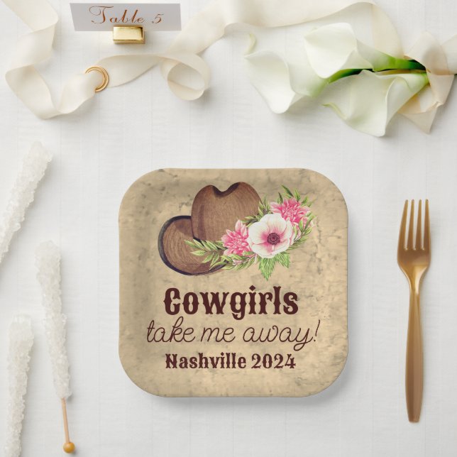 Assiettes En Carton Personnalisable Rustique Rose Floral Cowgirl (Mariage)