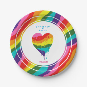 Assiettes En Carton Personnalisation des Mariages LGBT Rainbow Heart