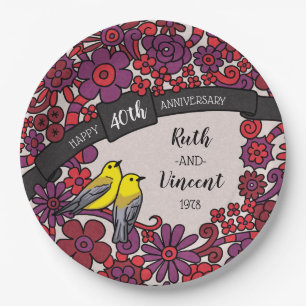Assiettes En Carton Personnalisé 40e anniversaire, Ruby Floral Birds