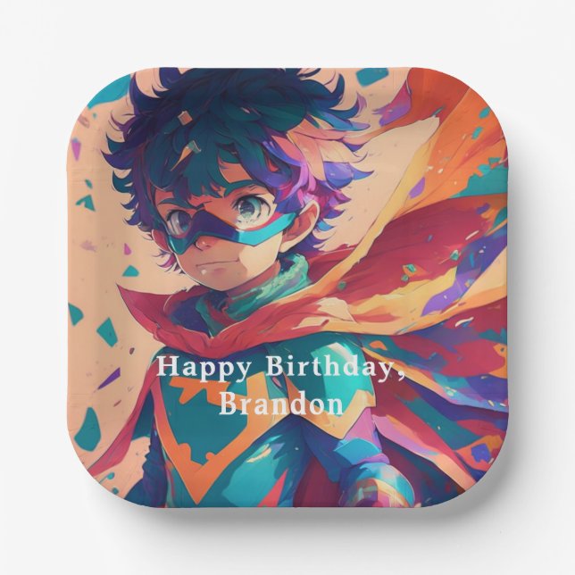 Assiettes En Carton Personnalisé Bleu et Rouge Anime Superhero Boy (Recto)