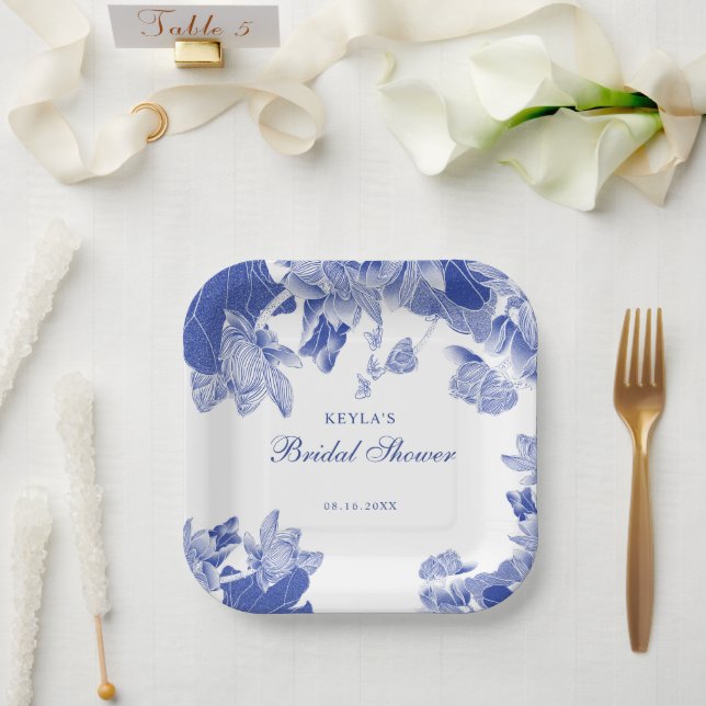 Assiettes En Carton Personnalisé Elégant Bleu Blanc Floral Chinoiserie (Mariage)