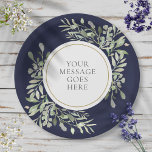 Assiettes En Carton Personnalisé Elégant Marine Blue Gold Green<br><div class="desc">Doté de délicats feuilles d'aquarelle douce sur un arrière - plan bleu marine, cette plaque de papier botanique chic peut être personnalisée avec votre message spécial dans un texte élégant. Parfait pour les mariages, les douches nuptiales, les baby showers, le baptême, les fêtes de fiançailles, les célébrations d'anniversaire et les...</div>