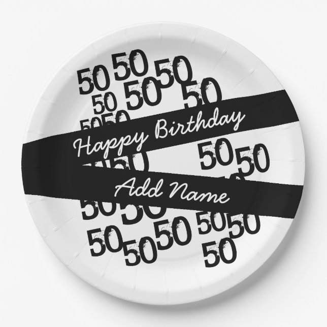 Assiettes En Carton Personnalisé Funky Black White 50e anniversaire (Devant)