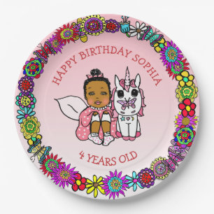 Assiettes En Carton Personnalisé Joyeux anniversaire Fairy et Unicorn
