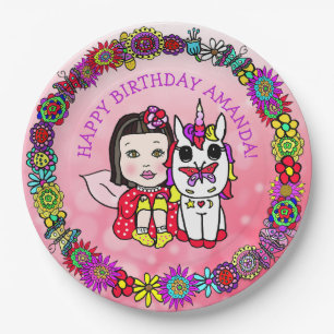 Assiettes En Carton Personnalisé Joyeux Anniversaire licorne et fée
