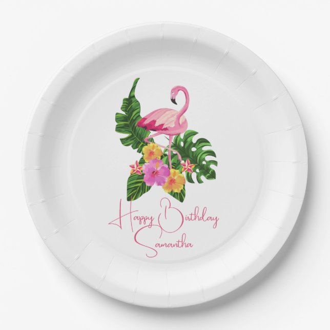 Assiettes En Carton Personnalisé Joyeux Flamants roses tropicaux de fê (Devant)