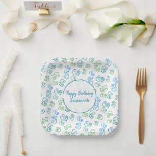 Assiettes En Carton Personnalisé Lié Vert Motif Coeur Bleu Sur Blanc