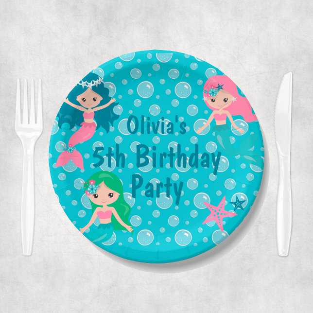 Assiettes En Carton Personnalisé Nom de la fille Enfants Sirène fête d (Kids Mermaid Birthday Party Personalized Paper Plates
)