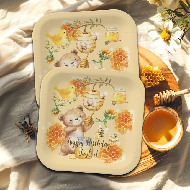 Assiettes En Carton Personnalisé Nom Honey Bear Bees Anniversaire (Créateur téléchargé)