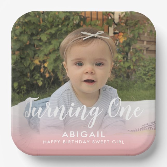 Assiettes En Carton Personnalisé Premier anniversaire photo rose (Recto)