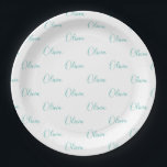 Assiettes En Carton Personnalisé Turquoise Blue Green Girly Nom élégan<br><div class="desc">Plutôt turquoise bleu vert sur blanc ceint fille personnalisées plaques de papier de fête. Parfait pour une fête d'anniversaire pastel turquoise bleu vert.</div>