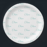 Assiettes En Carton Personnalisé Turquoise Blue Green Girly Nom élégan<br><div class="desc">Plutôt turquoise bleu vert sur blanc ceint fille personnalisées plaques de papier de fête. Parfait pour une fête d'anniversaire pastel turquoise bleu vert.</div>