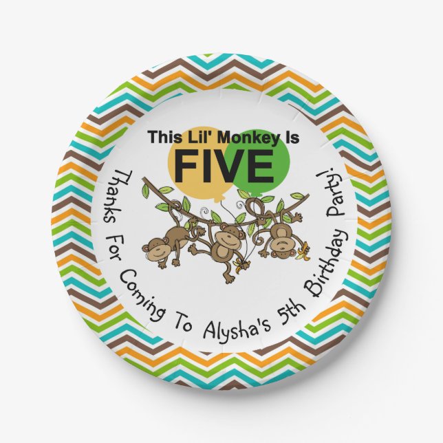 Assiettes En Carton PersonnaliséPetits singes Plaques papier 5e annive (Devant)
