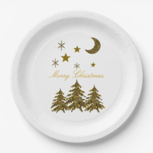 Assiettes En Carton Personnaliser, Arbre de Noël étincelant, Lune, éto