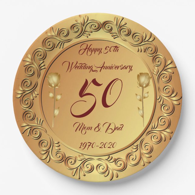 Assiettes En Carton Personnaliser de luxe Happy Gold 50e anniversaire (Devant)