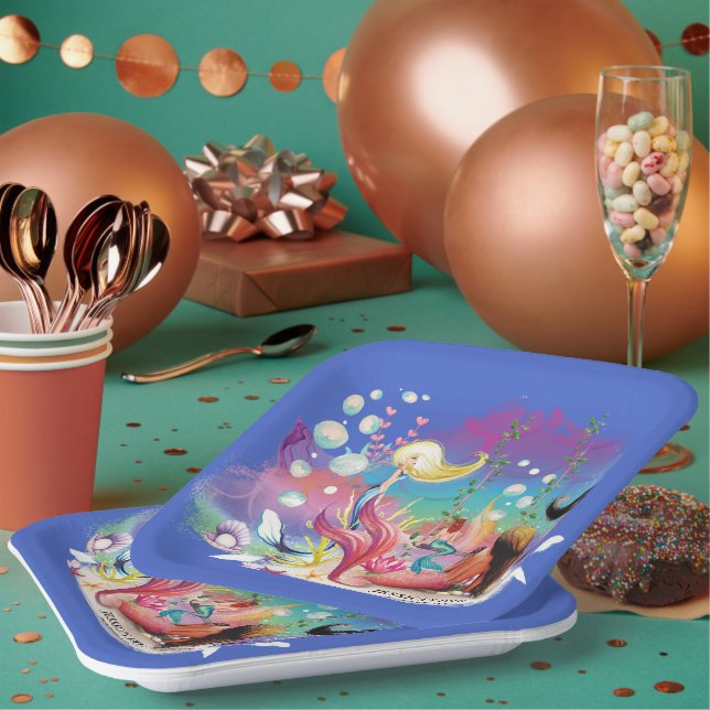 Assiettes En Carton Personnaliser Sous La Mer Sirène Océan Violet (Multi)