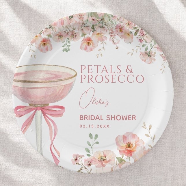 Assiettes En Carton Pétales de ruban rose et prosecco rosé pour une fê (Créateur téléchargé)