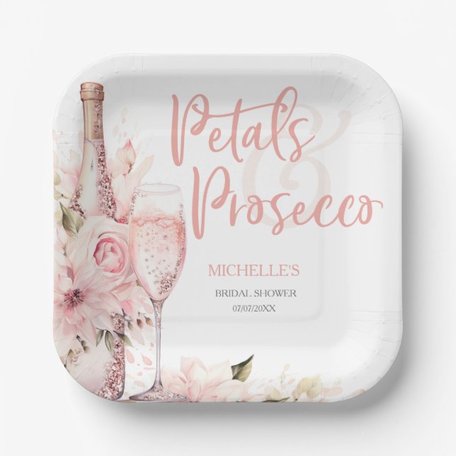 Assiettes En Carton Pétales de saumon rose pâle et Floral de Prosecco (Recto)