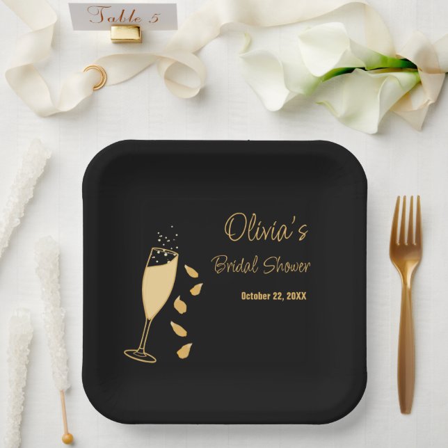 Assiettes En Carton Pétales et Prosecco Fête des mariées en or noir (Mariage)