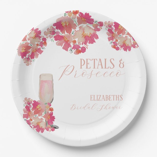 Assiettes En Carton Pétales & Prosecco Fête de Fiançailles Floral Rose (Devant)