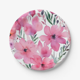 Assiettes En Carton Pétales roses Fleurs peintes à l'aquarelle flora