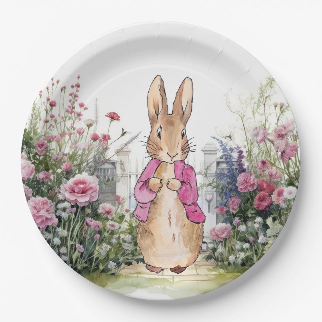 Assiettes En Carton Peter le lapin rose dans son jardin (Devant)