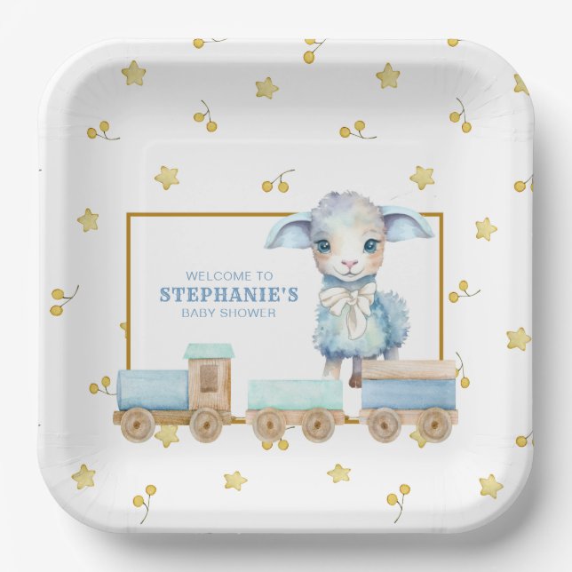 Assiettes En Carton Petit agneau | Plaques de papier Baby shower bleu (Recto)