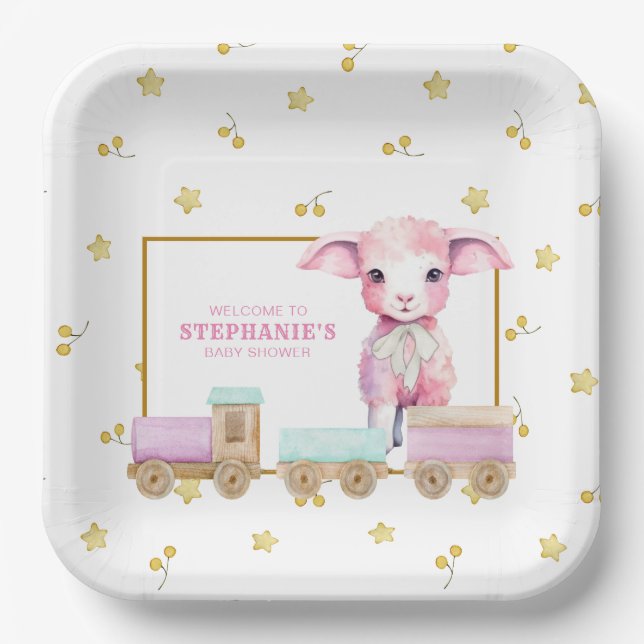 Assiettes En Carton Petit agneau | Plaques en papier Baby shower rose (Recto)