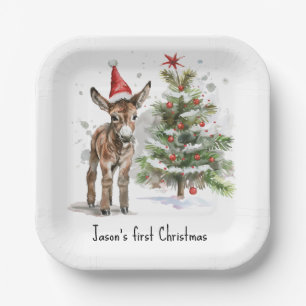 Assiettes En Carton petit âne mignon et arbre de noël, personnalisable