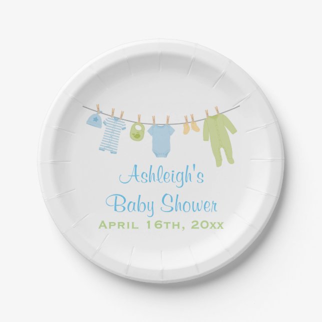 Assiettes En Carton Petit baby shower bleu et vert de vêtements (Devant)