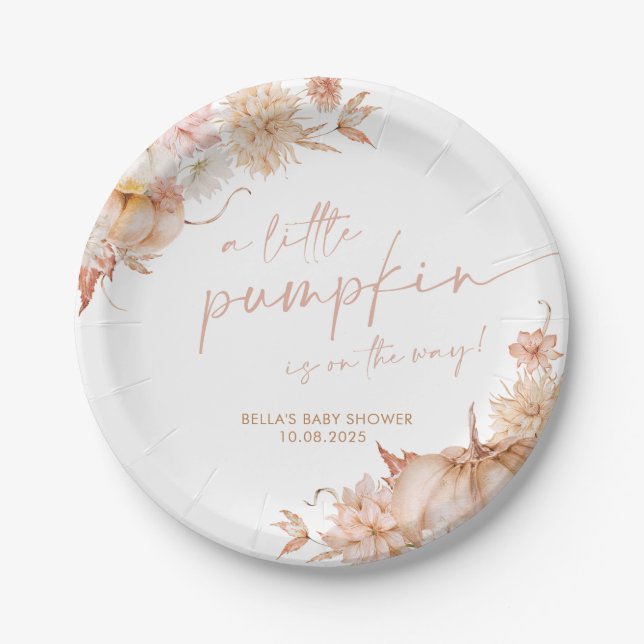 Assiettes En Carton Petit Baby shower Citrouille Automne Rose Floral (Devant)