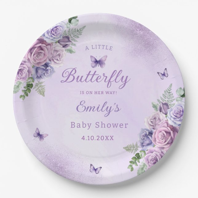 Assiettes En Carton Petit baby shower de fille papillon violet Floral (Devant)