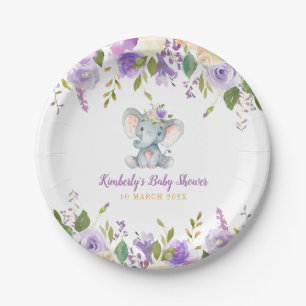 Assiettes En Carton Petit baby shower fleuri violet d'éléphant