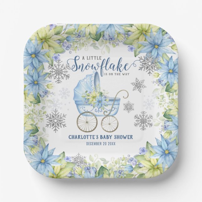 Assiettes En Carton Petit Baby shower Floral Hiver Flore Bleu (Recto)