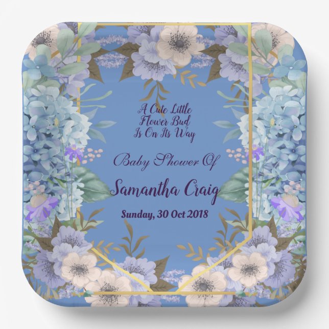 Assiettes En Carton Petit Baby shower Hydrangea bleu doux (Recto)