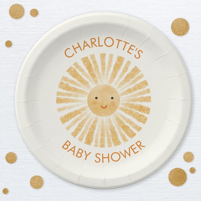Assiettes En Carton Petit Baby shower Sunshine Personnalisé (Little Sunshine personalized baby shower paper party plate)