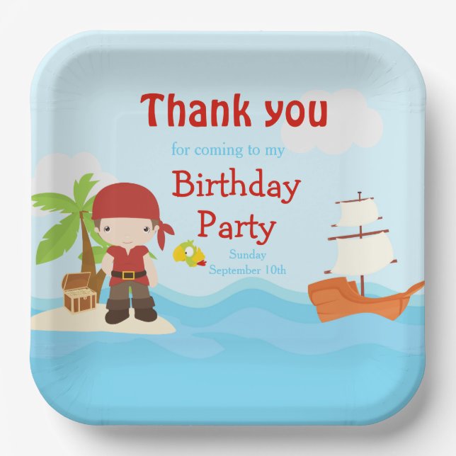Assiettes En Carton Petit Brunette Pirate Boy en rouge Anniversaire (Recto)