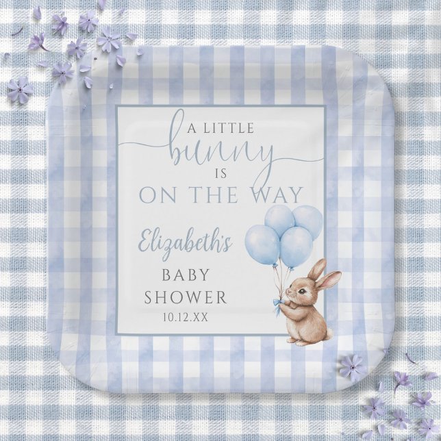 Assiettes En Carton Petit Bunny Blue Balloons Baby shower garçon (Little Bunny Blue Balloons Boy Baby Shower Paper Plates)