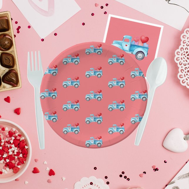 Assiettes En Carton Petit Camion bleu Saint Valentin (Créateur téléchargé)