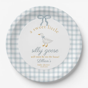 Assiettes En Carton Petit Canard Fou Ruban Bébé Shower Bleu Gingham