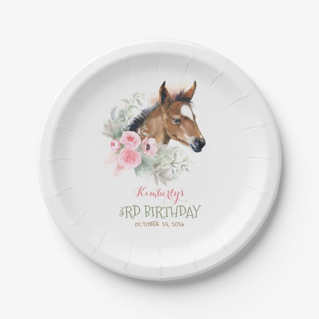 Assiettes En Carton Petit Cheval mignon rose Floral Anniversaire (Devant)