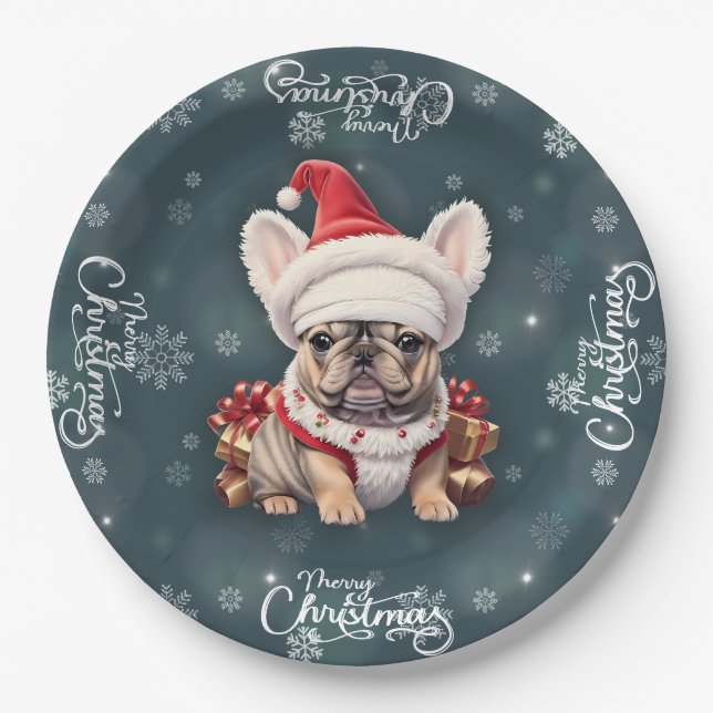 Assiettes En Carton Petit Chien à taureaux français Santa Hat Joyeux N (Devant)