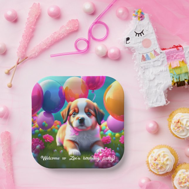 Assiettes En Carton Petit chiot avec ballons - anniversaire (Fête)