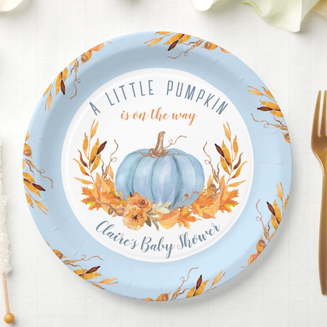 Assiettes En Carton Petit Citrouille Bleu Automne Baby shower garçon d (Little Pumpkin Blue Baby Shower Paper Plates)