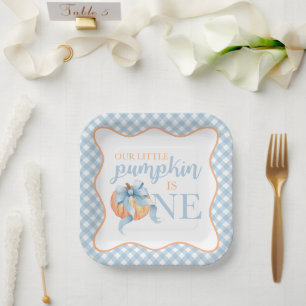 Assiettes En Carton Petit Citrouille pastel bleu arc plaid 1er anniver