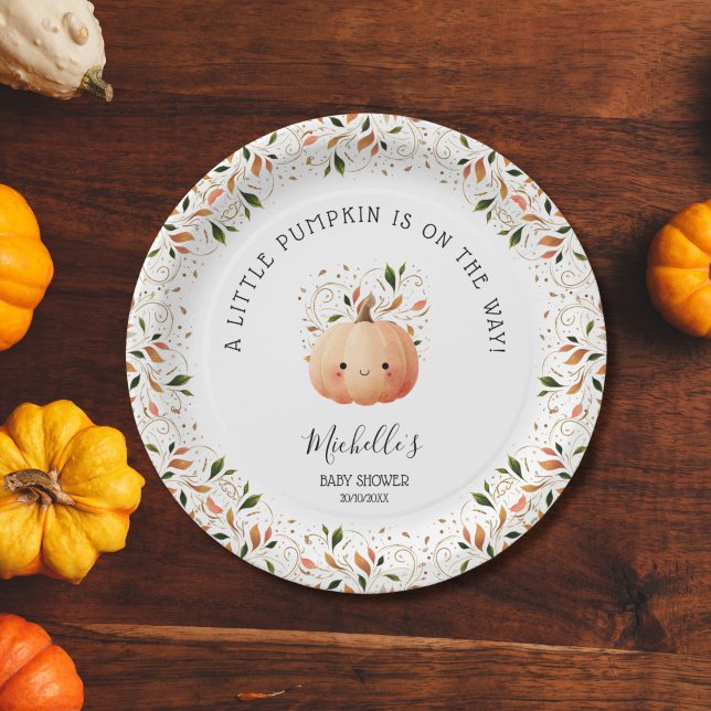Assiettes En Carton Petit Citrouille sur le chemin Chute Baby shower f (CUTE WATERCOLOR KAWAI PUMPKIN FALL BABY SHOWER)