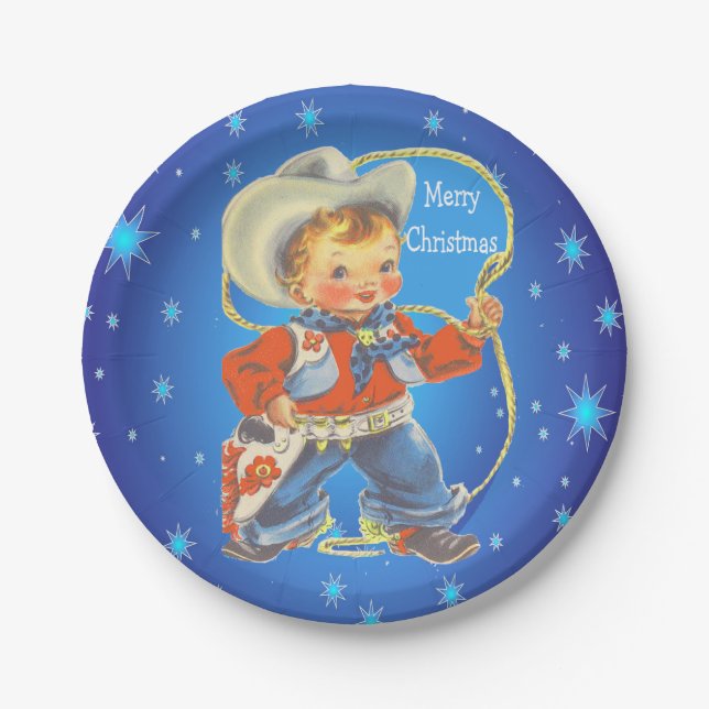 Assiettes En Carton Petit Cowboy avec corde Joyeux Noël (Devant)