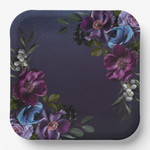 Assiettes En Carton Petit déjeuner de mariage floral bleu foncé et vio